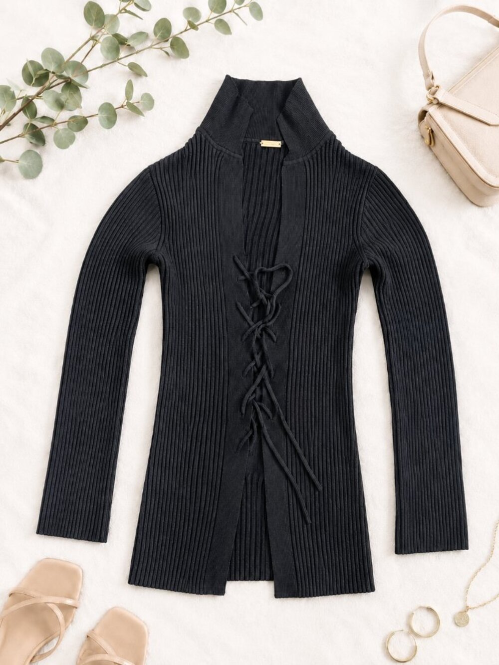 Cult Gaia Black Lace-Up Ribbed Knit Top – Size XS